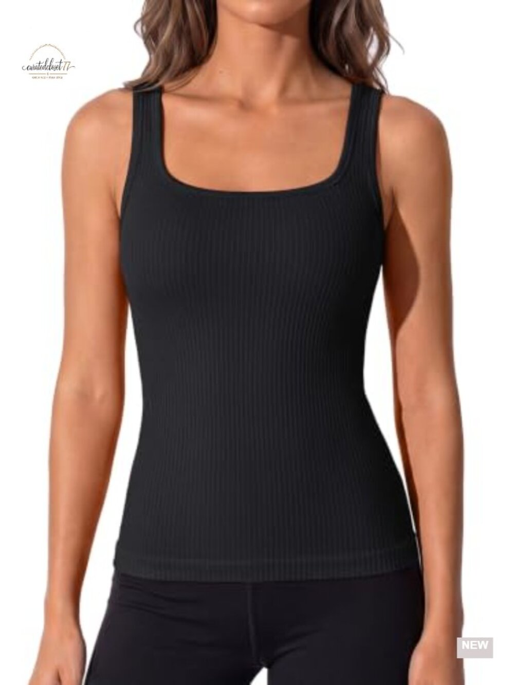 Ribbed Racerback Tank Top with Built-in Bra Square Neck Yoga Athletic Sleeveless